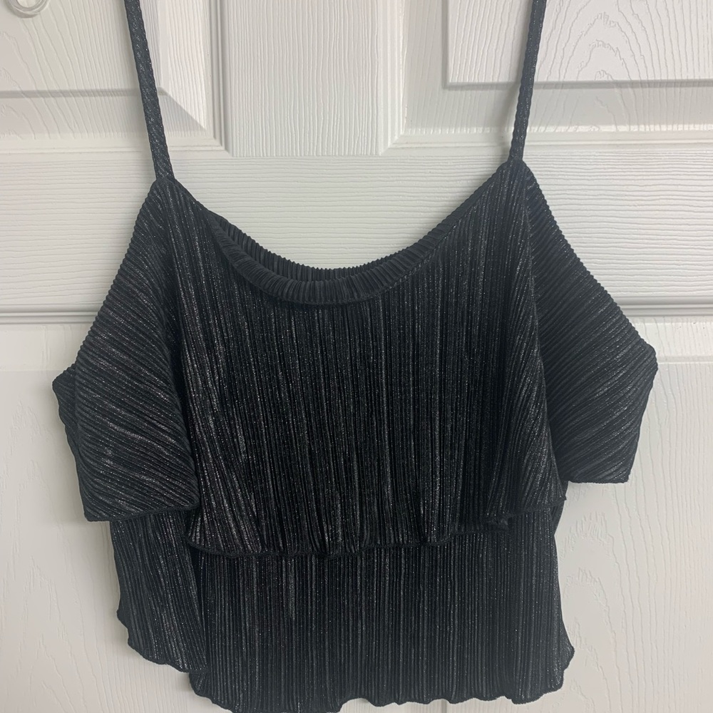TIMING Black Sparkle Summer Dressy Crop‎ Top Spaghetti Strap Blouse Size M
